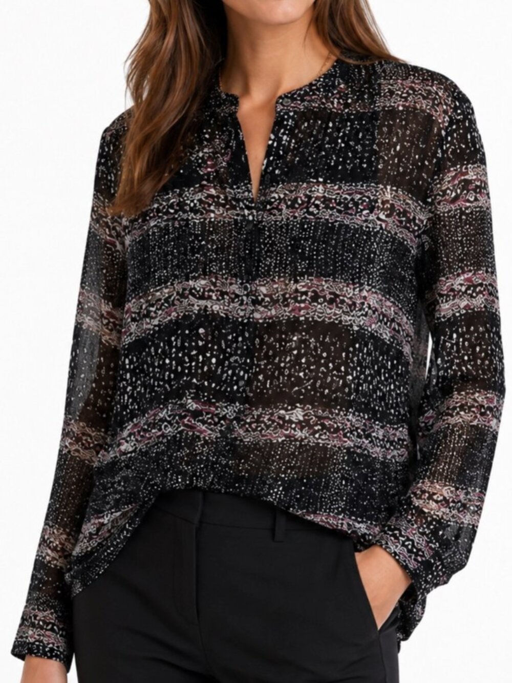 CAbi Sheer Chiffon Blouse XS Black Calligraphy Print Button Top Artsy Parisian